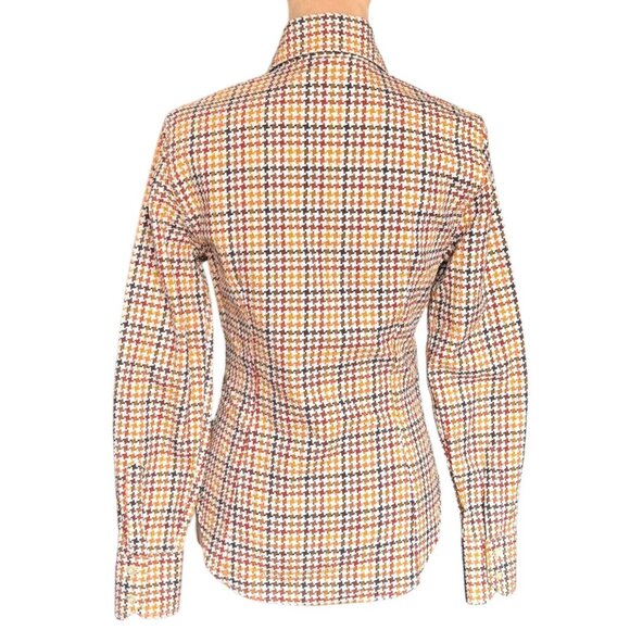 VTG ETRO Shirt Sz.6 Cream Brown Houndstooth Academia Career Italian Old Money - Picture 3 of 14